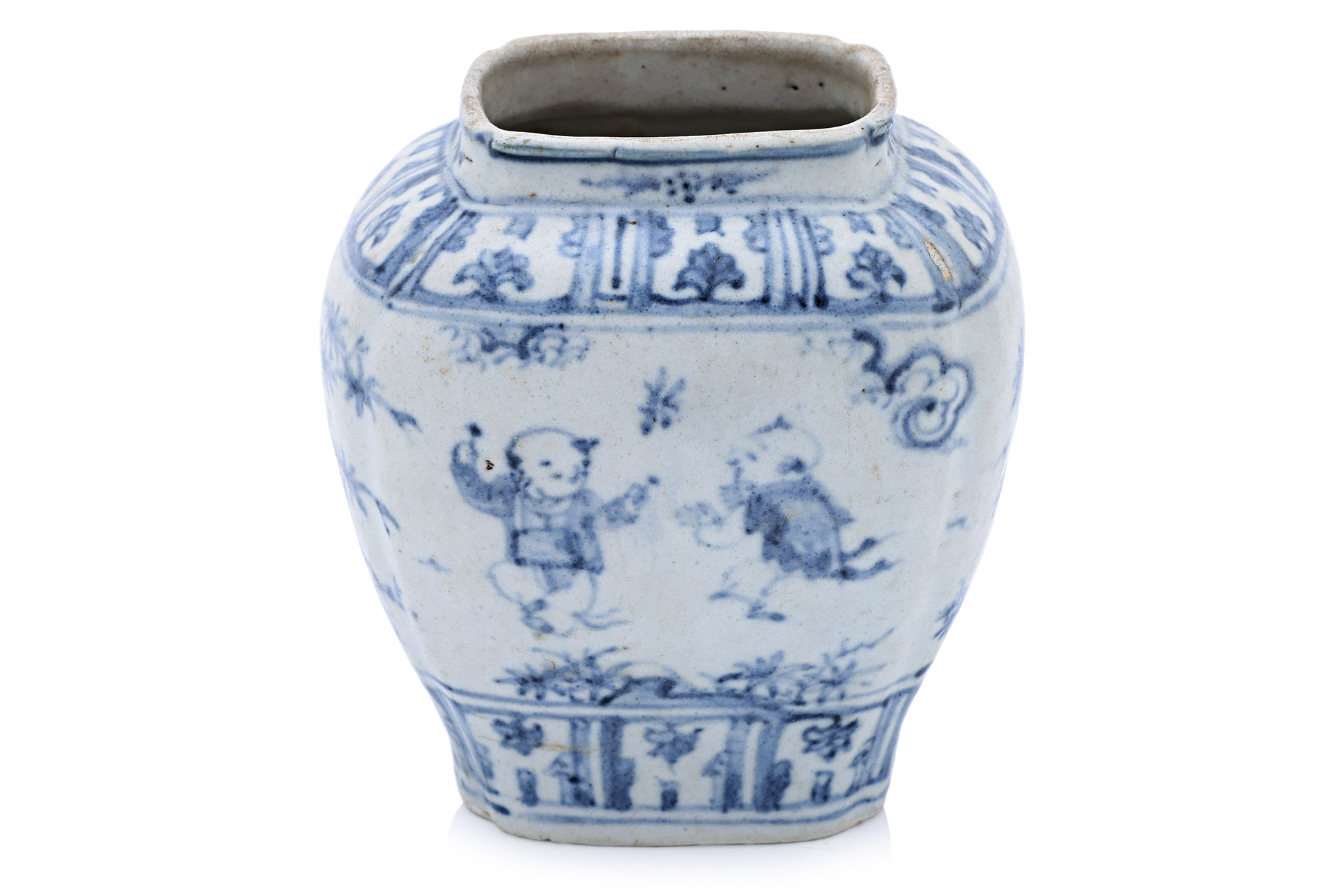 A BLUE AND WHITE PORCELAIN BOYS JAR