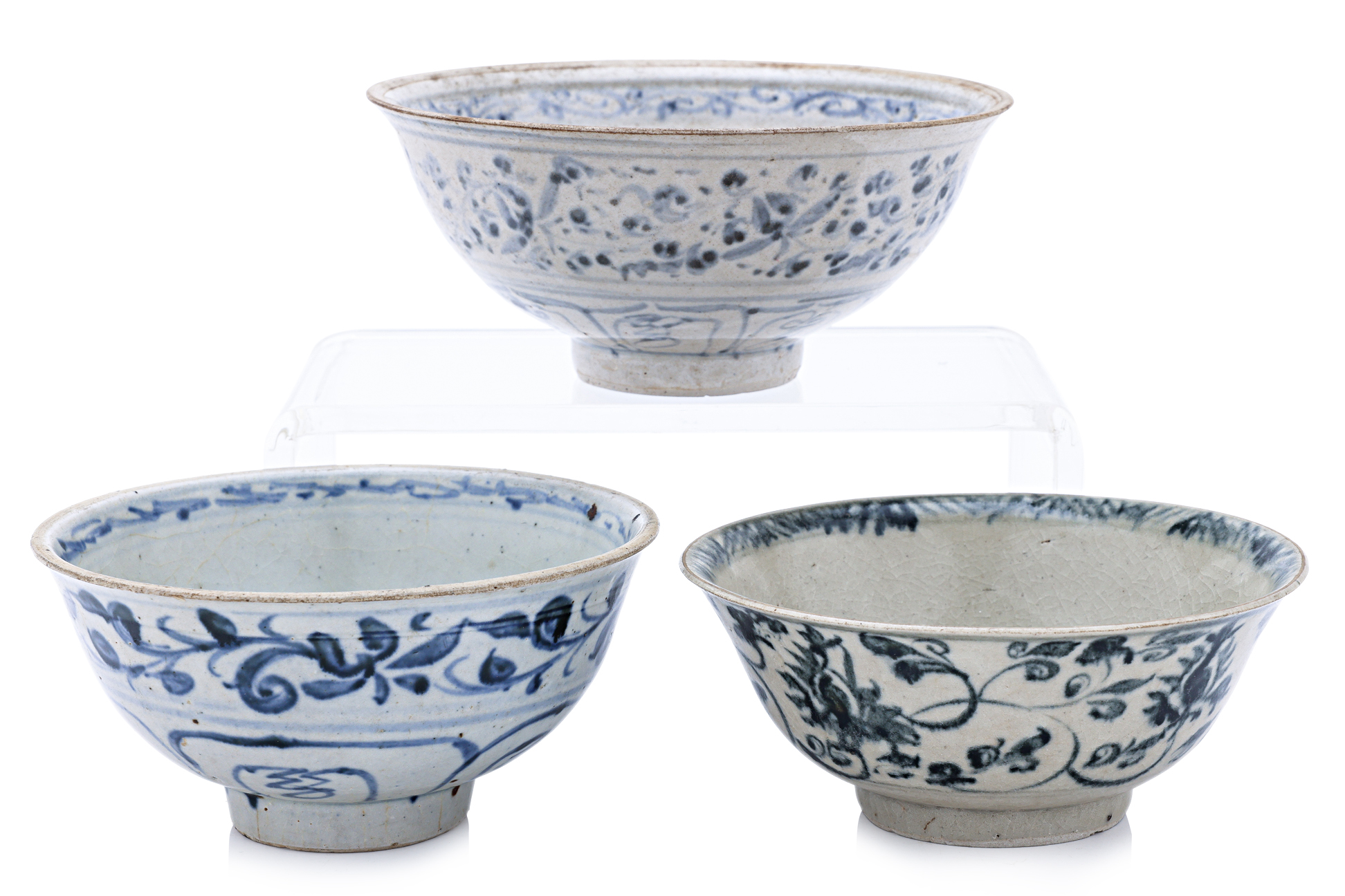 THREE BLUE AND WHITE BOWLS