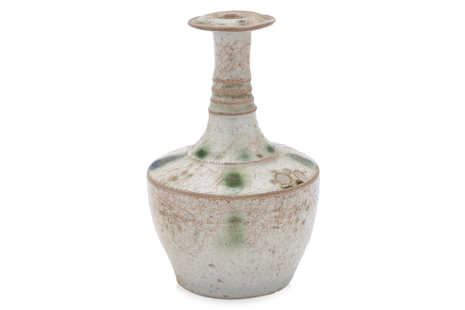 A SMALL VIETNAMESE GREEN SPLASHED OIL BOTTLE