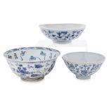 THREE BLUE AND WHITE PORCELAIN BOWLS