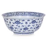 A LARGE BLUE AND WHITE LOTUS AND FRUIT BOWL