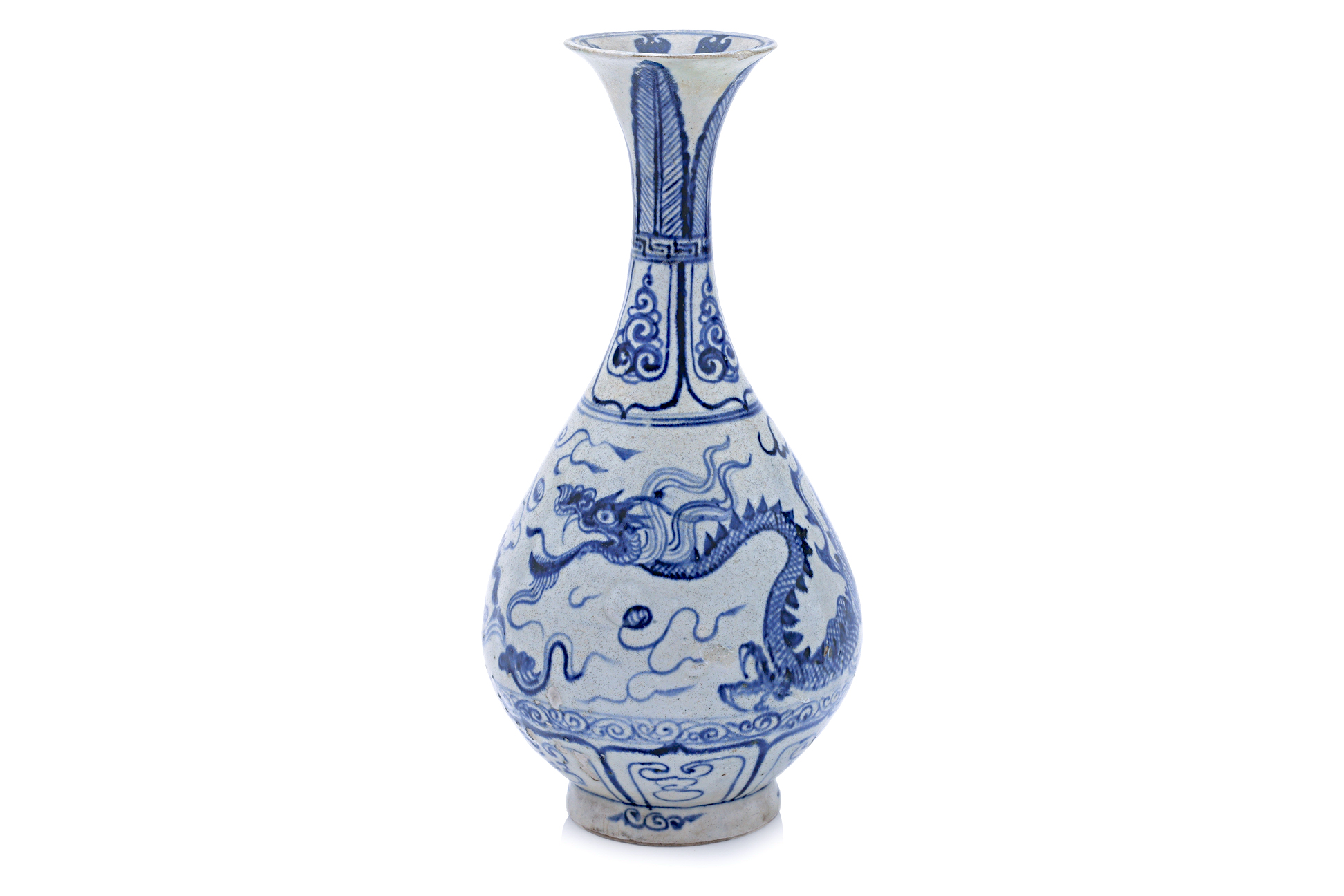 A VIETNAMESE BLUE AND WHITE PEAR SHAPED DRAGON VASE