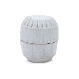 A WHITE STONEWARE CYLINDRICAL BOX AND COVER