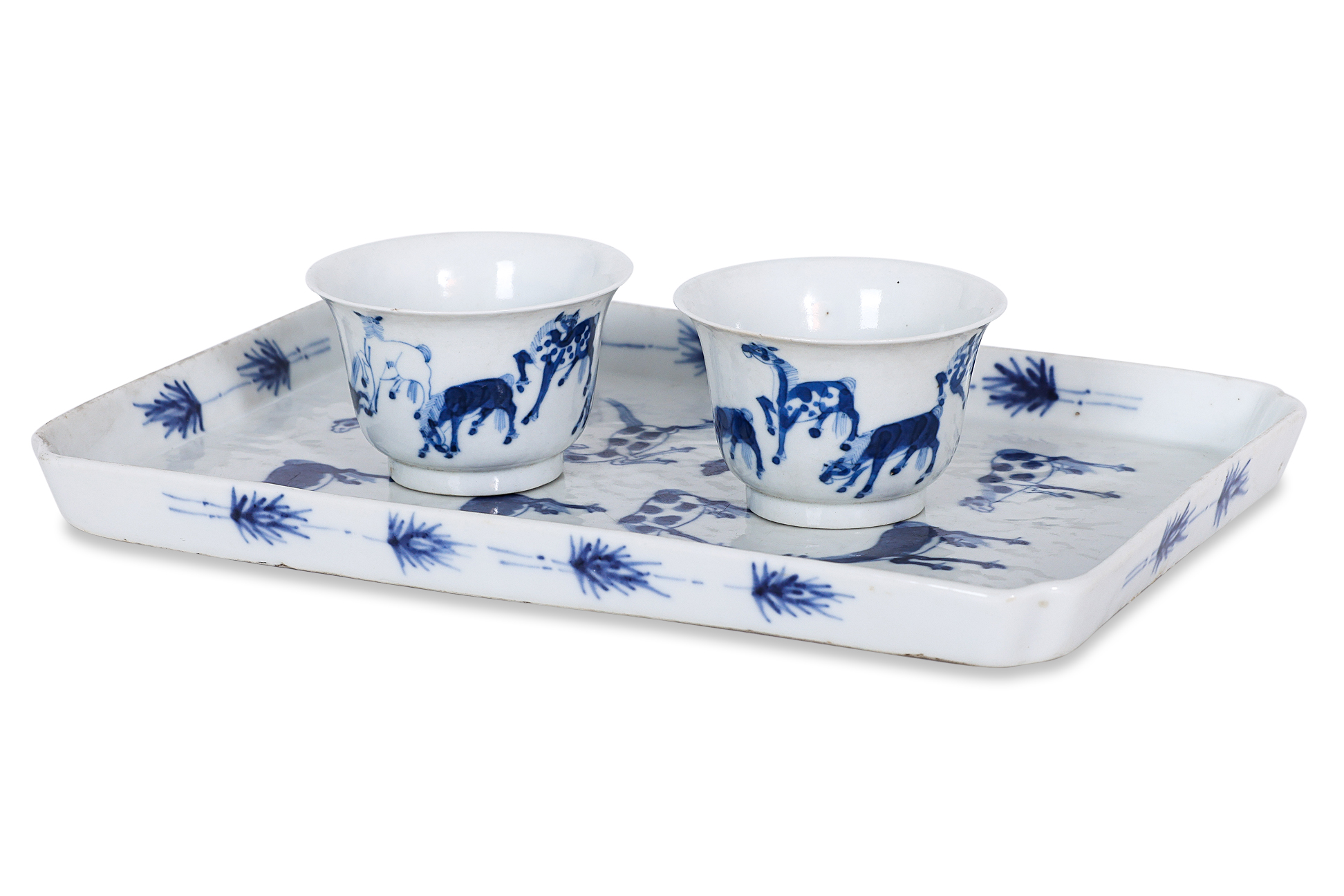 A 'BLEU DE HUE' VIETNAMESE MARKET HORSES TRAY AND TEA BOWLS