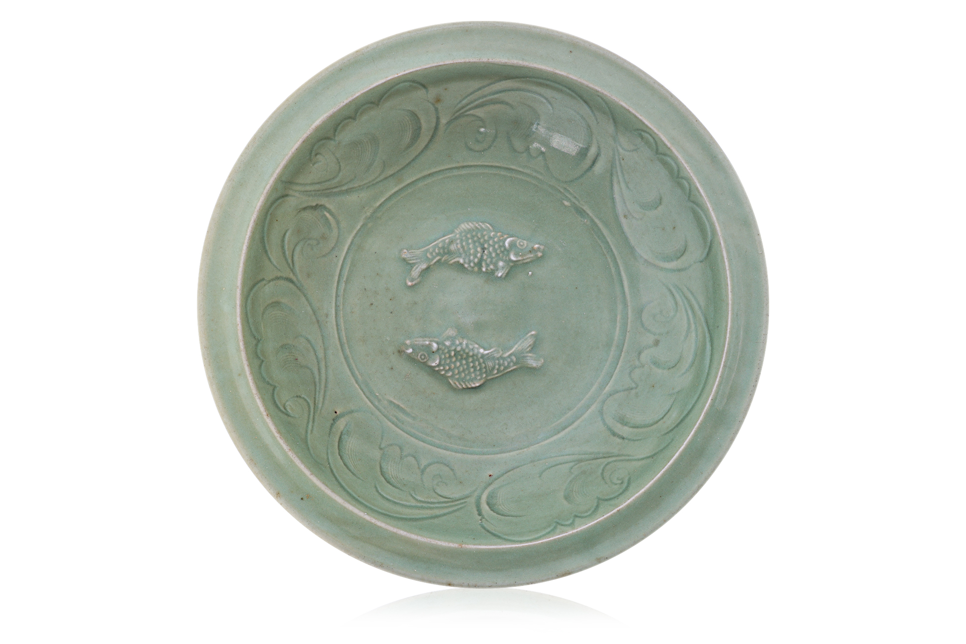 A LARGE MOULDED LONGQUAN CELADON TWIN FISH DISH