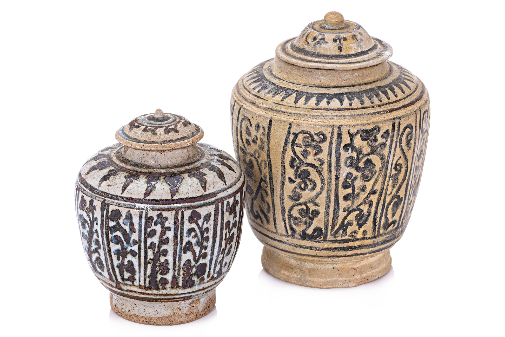 TWO THAI LOBED JARS AND COVERS