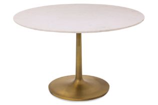 A CRATE AND BARREL WHITE MARBLE DINING TABLE WITH BRASS BASE