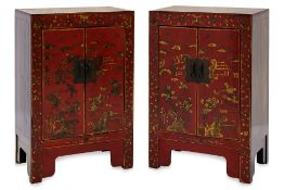 A PAIR OF RED LACQUERED CABINETS