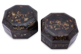 A PAIR OF CHINESE OCTAGONAL LACQUER BOXES
