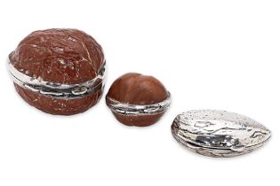 A GROUP OF THREE NOVELTY SILVER AND SILVER MOUNTED NUT BOXES