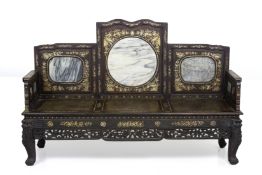 A MOTHER OF PEARL INLAID & MARBLE INSET THREE SEATER SETTEE