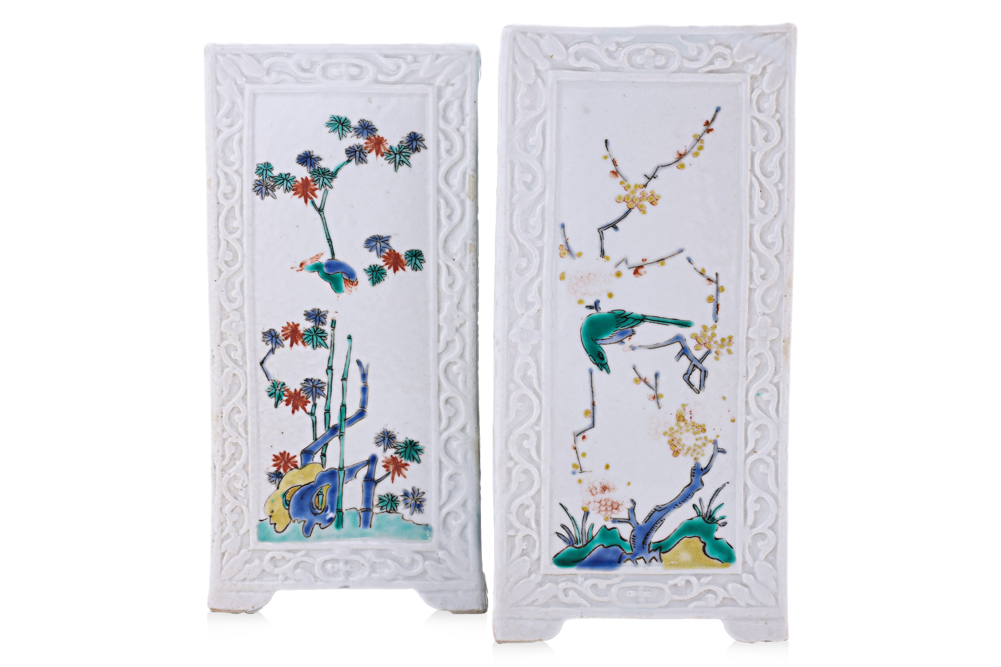 A PAIR OF ENAMELLED SQUARE SECTION PORCELAIN VASES - Image 2 of 3