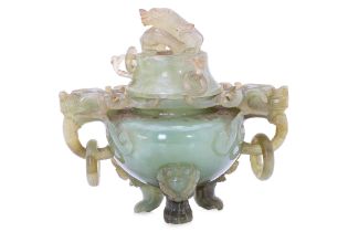 A CHINESE CARVED SERPENTINE / JADE CENSER AND COVER