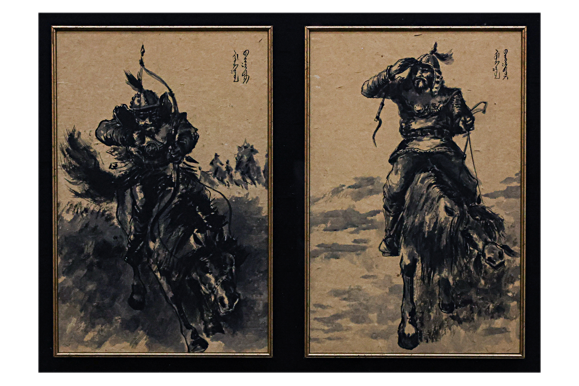 A SET OF FOUR INK PAINTINGS OF MONGOLIAN WARRIORS - Image 2 of 3