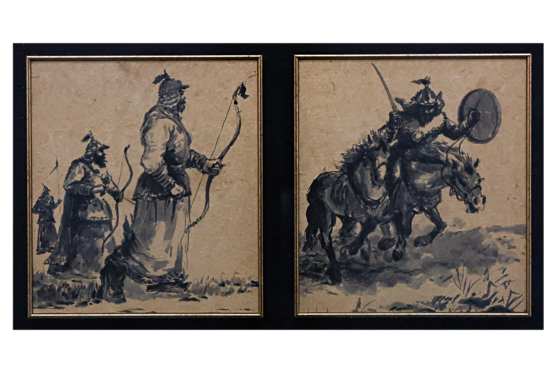 A SET OF FOUR INK PAINTINGS OF MONGOLIAN WARRIORS - Image 3 of 3