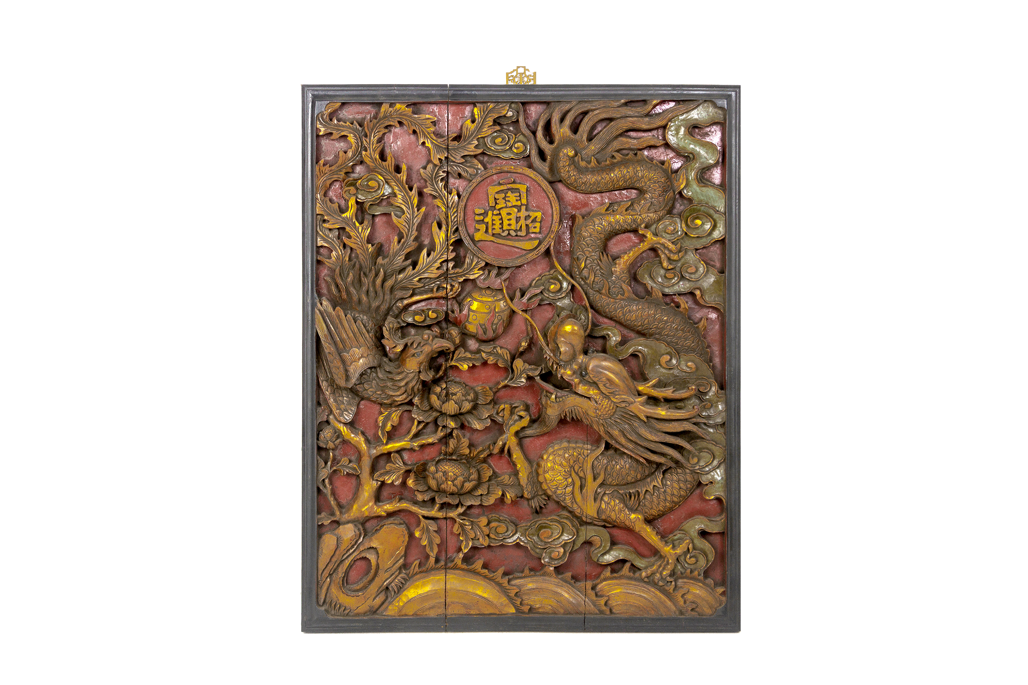A LARGE CARVED WOOD DRAGON AND PHOENIX PANEL