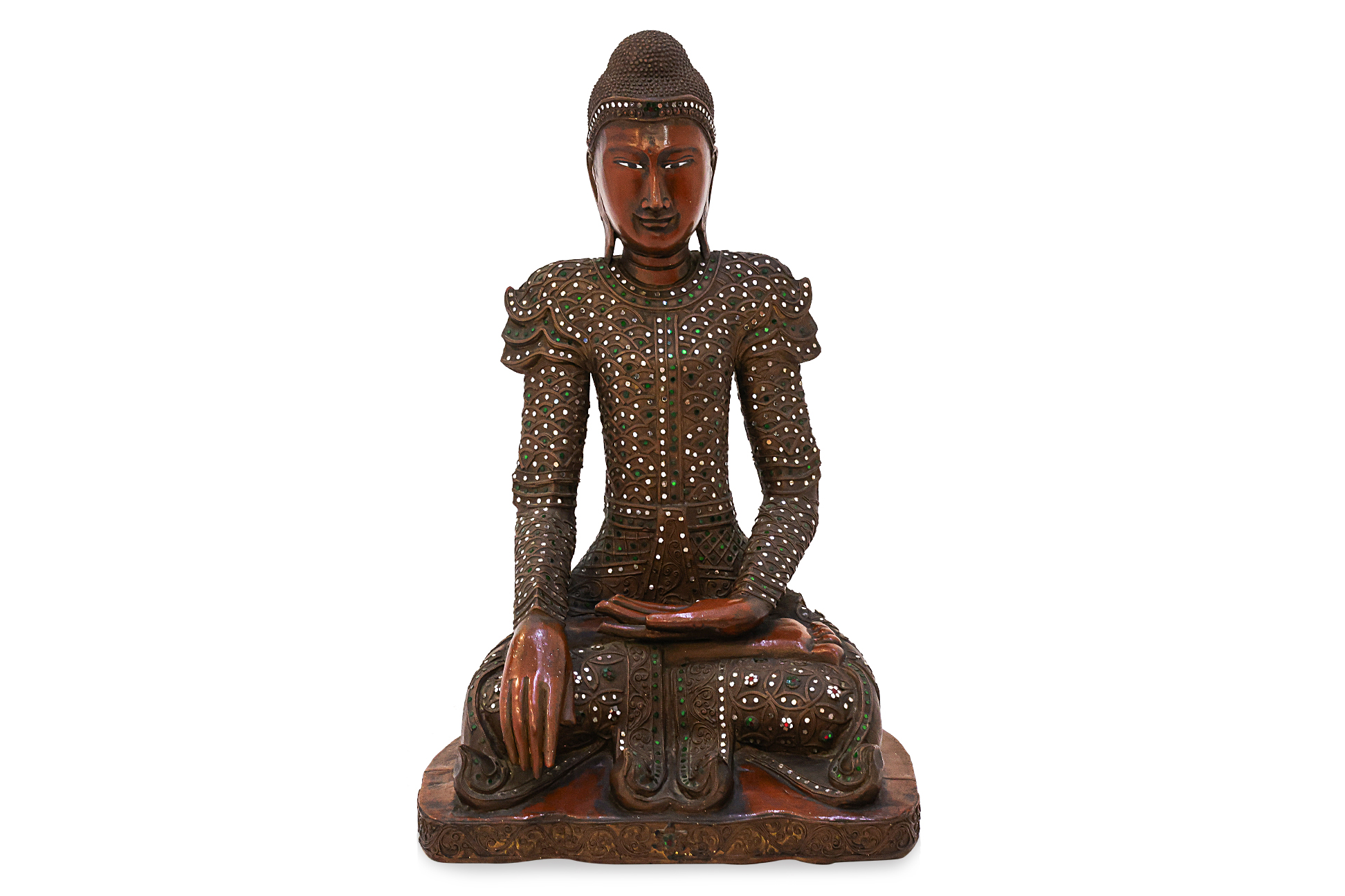 A BURMESE LACQUERED TIMBER SITTING BUDDHA