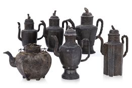 A GROUP OF SIX CHINESE PEWTER TEAPOTS