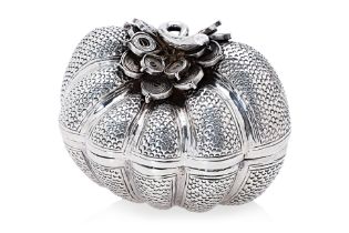 A CAMBODIAN SILVER PUMPKIN FORM BETEL BOX