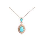 A TURQUOISE AND SEED PEARL PENDANT ON CHAIN