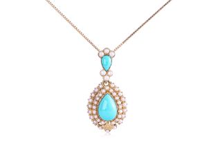A TURQUOISE AND SEED PEARL PENDANT ON CHAIN