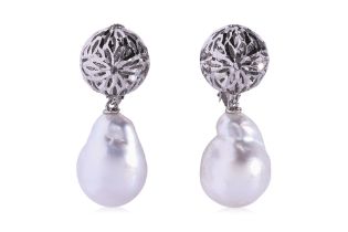 A PAIR OF LATTICE BALL AND CULTURED BAROQUE PEARL EARRINGS