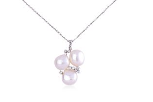 A CULTURED PEARL AND DIAMOND PENDANT ON CHAIN BY MIKIMOTO