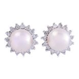 A PAIR OF CULTURED AKOYA PEARL AND DIAMOND STUD EARRINGS