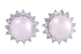 A PAIR OF CULTURED AKOYA PEARL AND DIAMOND STUD EARRINGS
