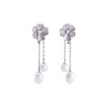 A PAIR OF CULTURED PEARL AND DIAMOND SCREW-BACK EARRINGS