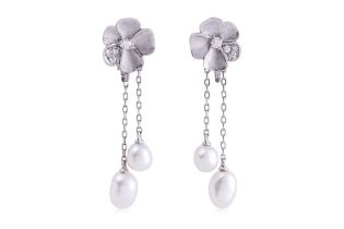 A PAIR OF CULTURED PEARL AND DIAMOND SCREW-BACK EARRINGS