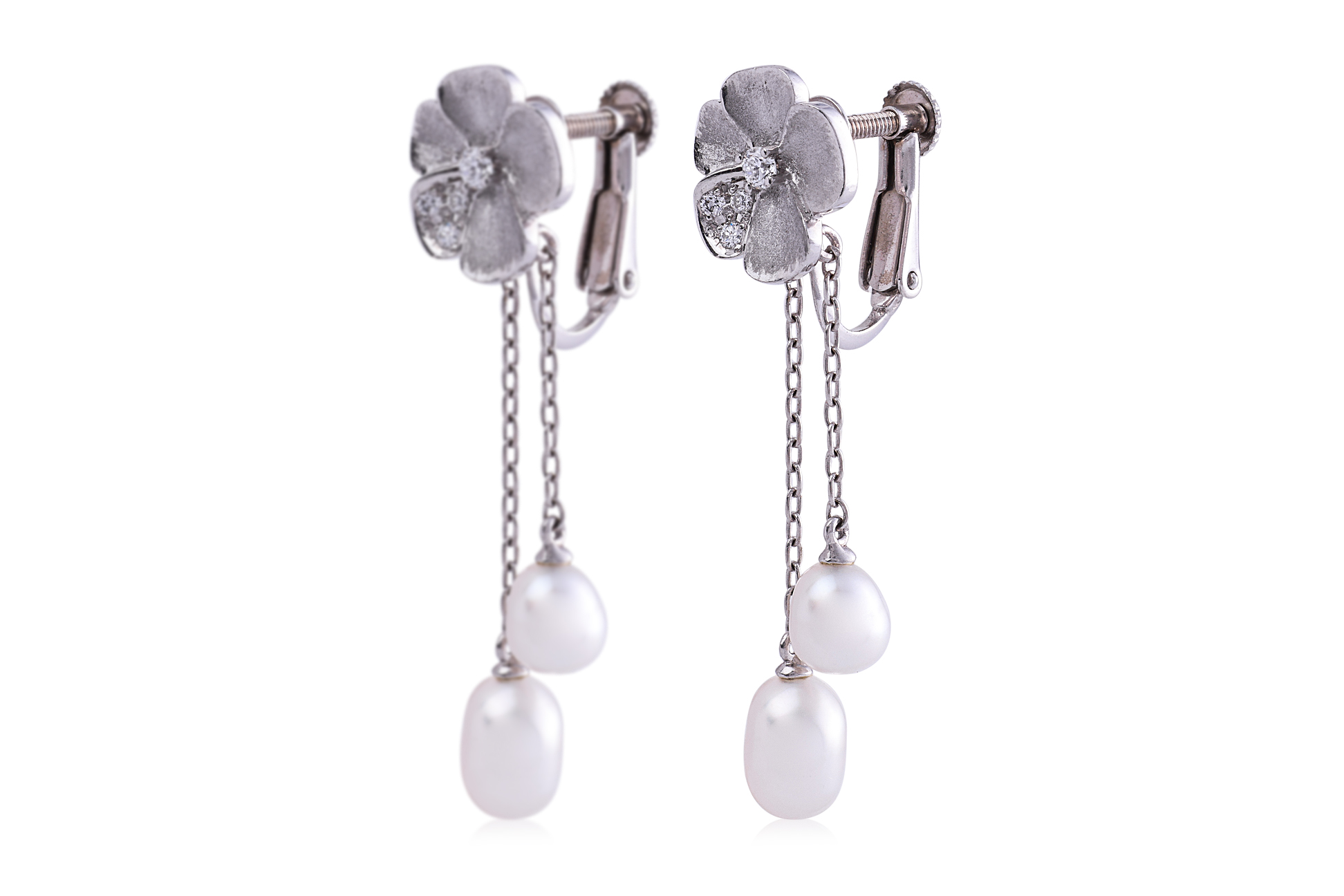 A PAIR OF CULTURED PEARL AND DIAMOND SCREW-BACK EARRINGS - Image 2 of 3