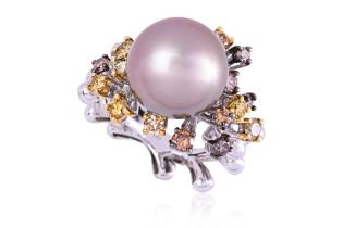 A TAHITIAN CULTURED PEARL AND MULTI COLOURED DIAMOND RING