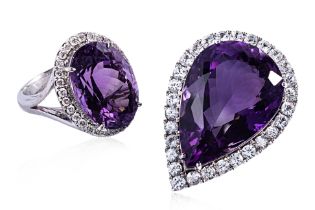 AN AMETHYST AND DIAMOND RING AND PENDANT