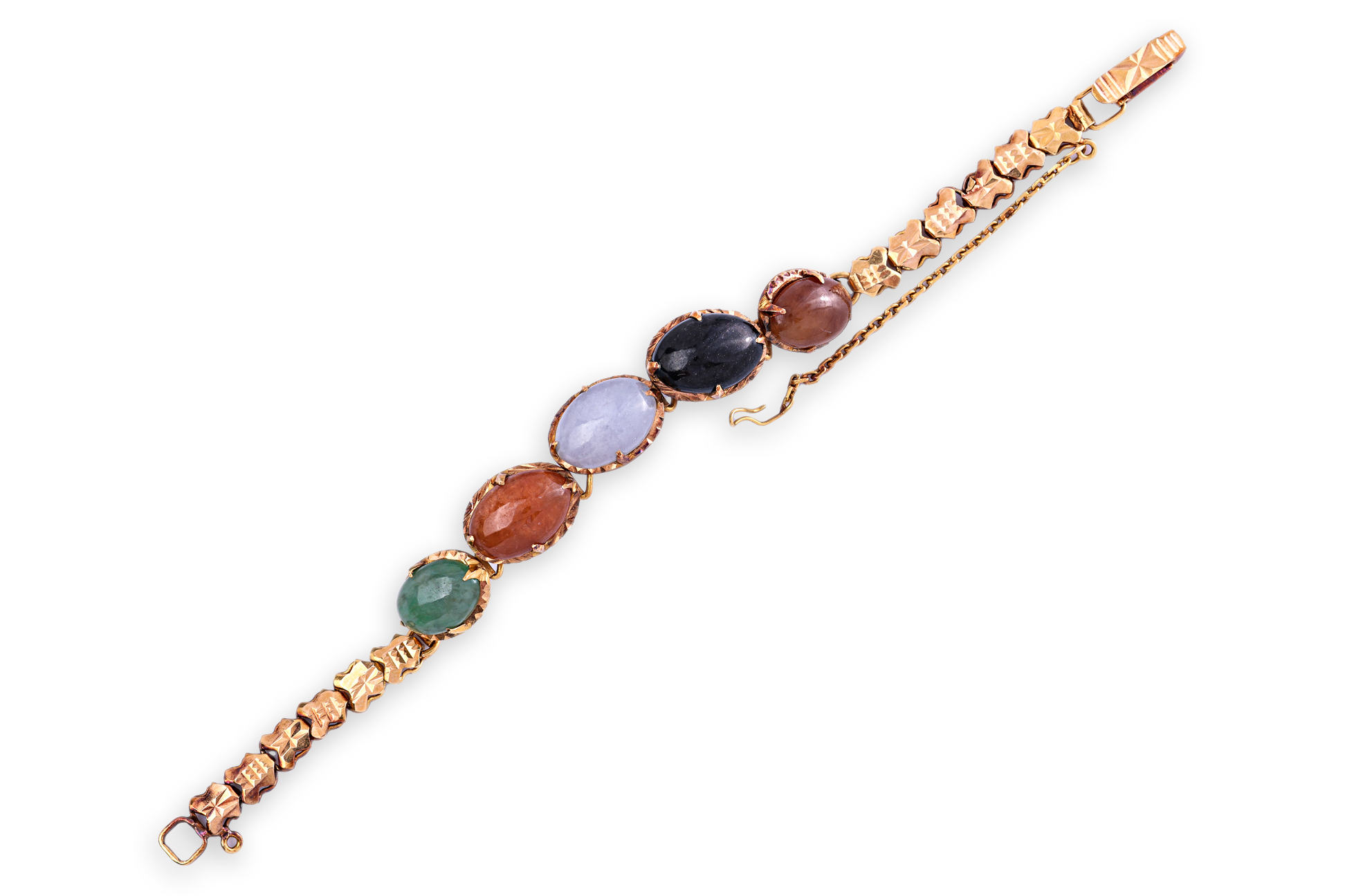 A MULTI COLOURED JADE AND GOLD BRACELET - Image 2 of 3