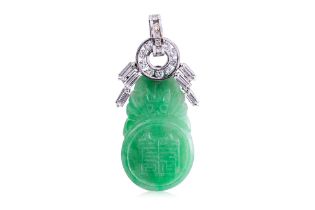 A 'HAPPINESS' JADEITE AND DIAMOND PENDANT