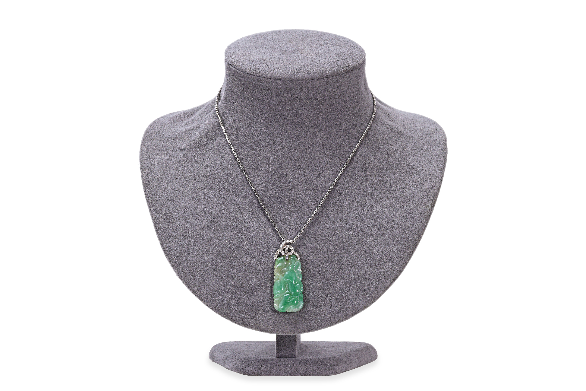 A TYPE A 'MELON' JADEITE AND DIAMOND PENDANT ON A CHAIN - Image 3 of 4