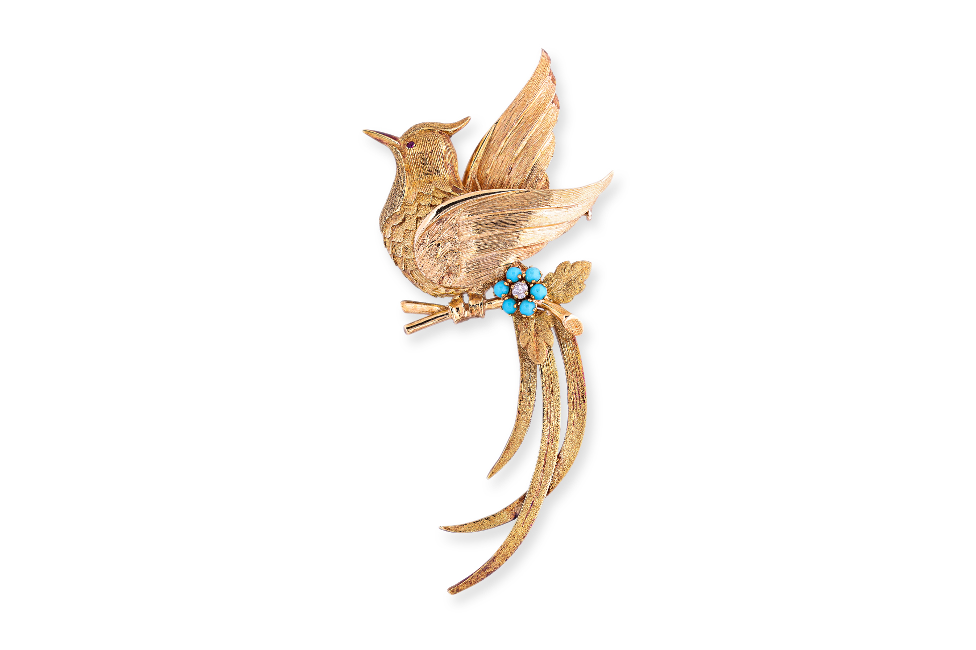 A LARGE TURQUOISE, RUBY AND DIAMOND SET 'BIRD' BROOCH