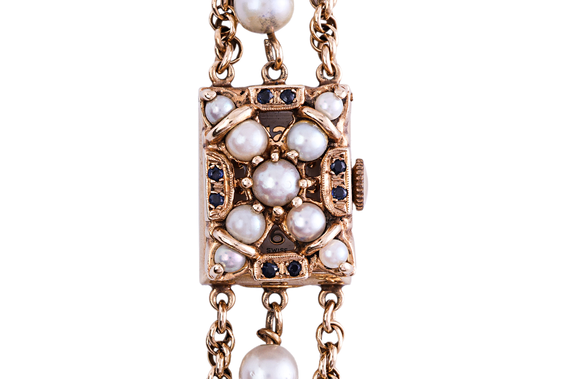 A VINTAGE PEARL, SAPPHIRE AND GOLD COCKTAIL WATCH - Image 3 of 5