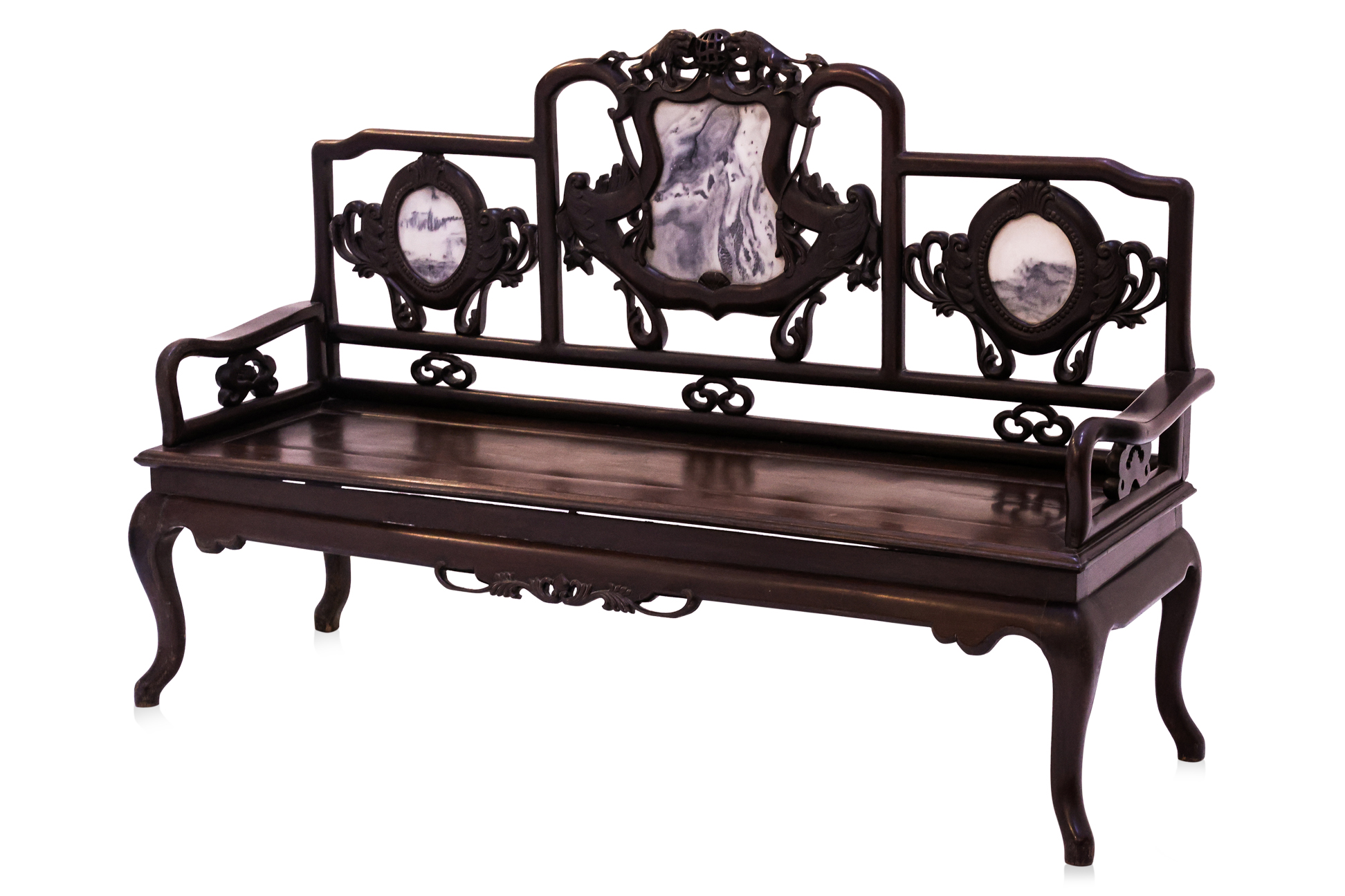 A CARVED AND MARBLE INSET BLACKWOOD BENCH