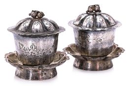 A PAIR OF SILVER TEA BOWLS, COVERS AND STANDS
