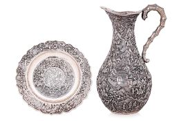 A LARGE BALUSTER SILVER EWER AND DISH