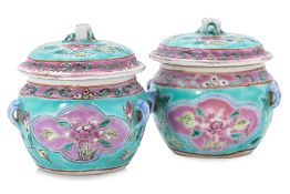 A PAIR OF FAMILLE ROSE TURQUOISE GROUND 'BABY' KAMCHENGS