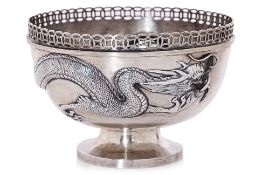 A CHINESE EXPORT SILVER PEDESTAL DRAGON BOWL