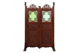 A GREEN GLASS AND TEAK DOOR ROOM DIVIDER