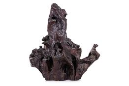 A LARGE ROOT WOOD CARVING WITH RATS, LUCKY COINS AND INGOTS