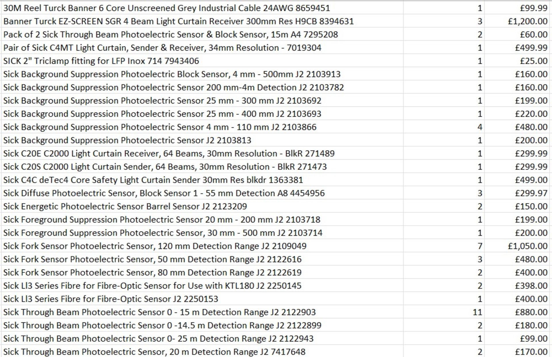 £10.8k worth of SICK items across 28 products - light curtain / sensors etc