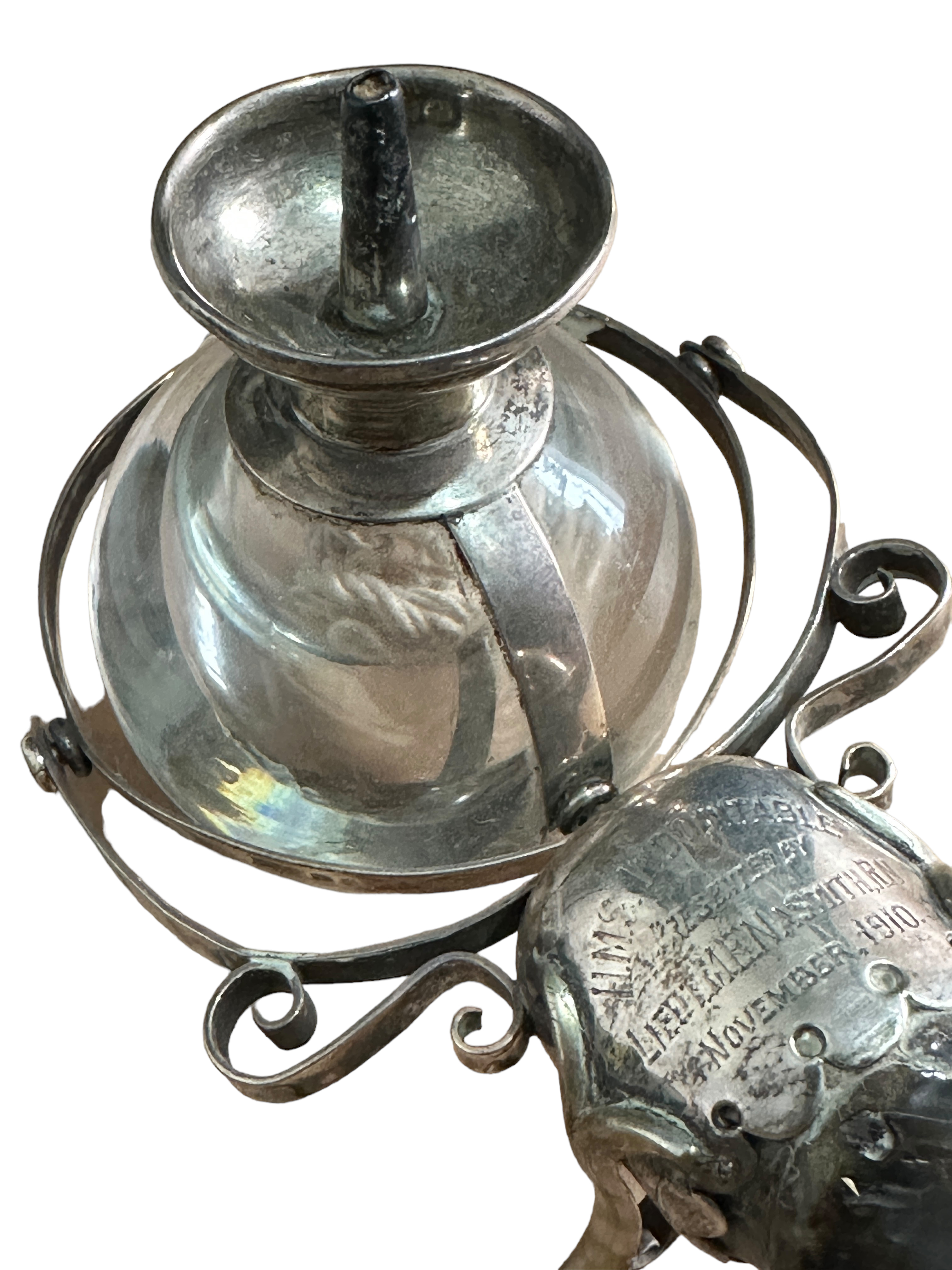 Antique HMS Indomitable 1910 Presentation Silver Inscribed Table Light - 16" long. - Image 6 of 6