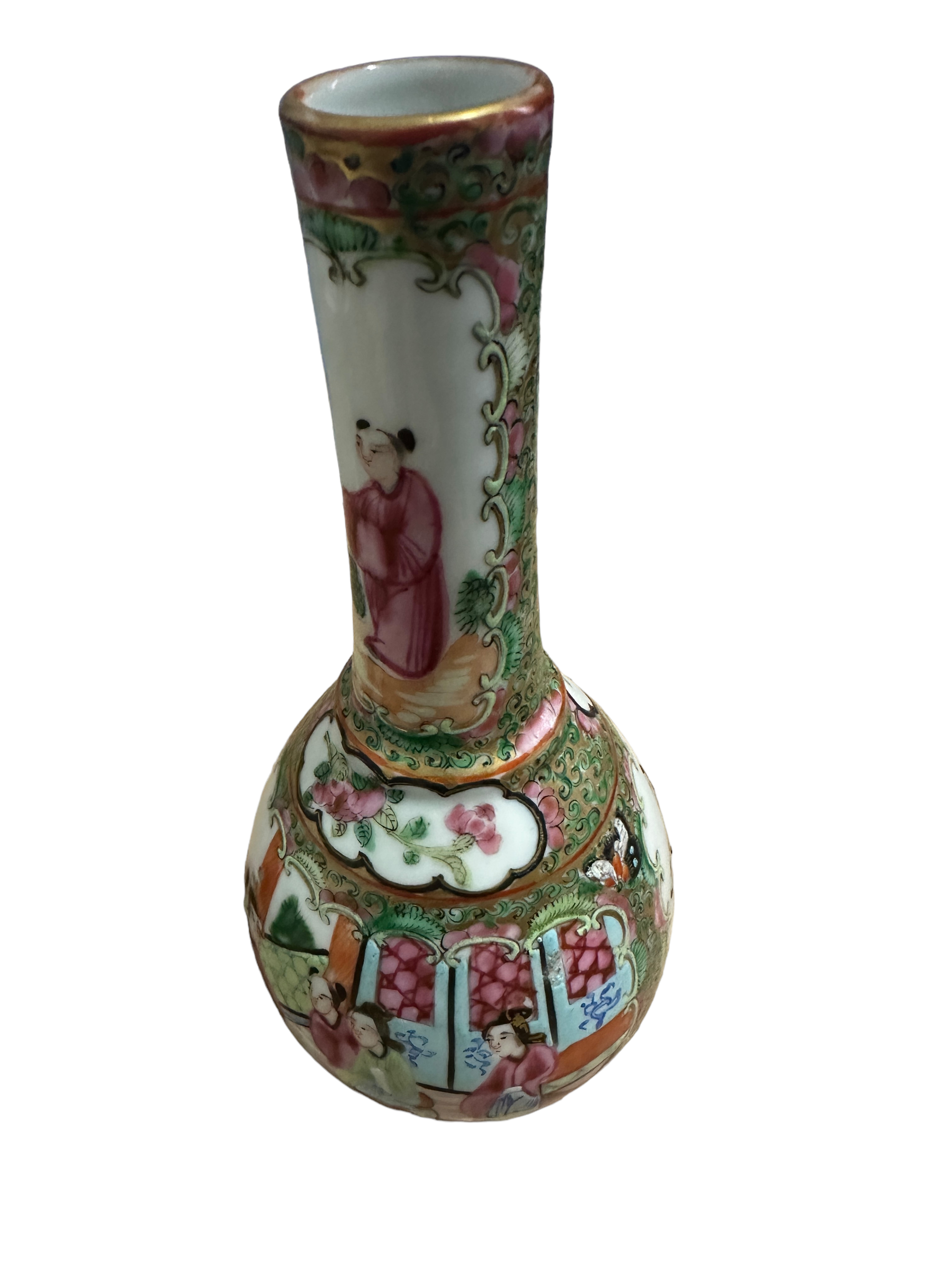 Pair of Antique Chinese Export Famille Rose Bottle Vases 20.3cm tall - diameter 10cm wides. - Image 3 of 9