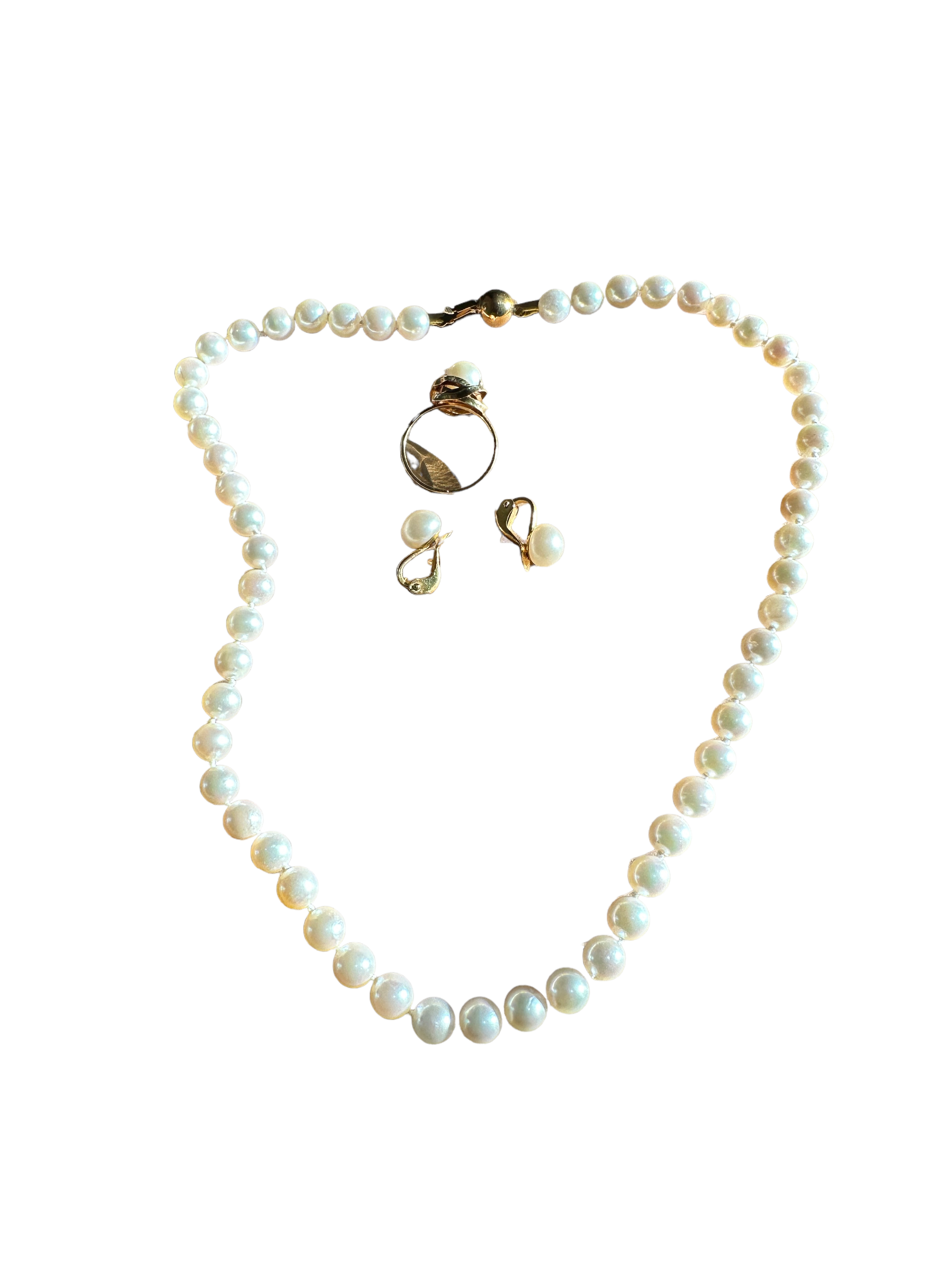 Lot of Pearl Necklace with Gold Clasp-Pair of Gold and Pearl Earring- Gold and Pearl Ring.